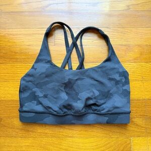 lululemon black and grey camoflauge energy longline sports bra